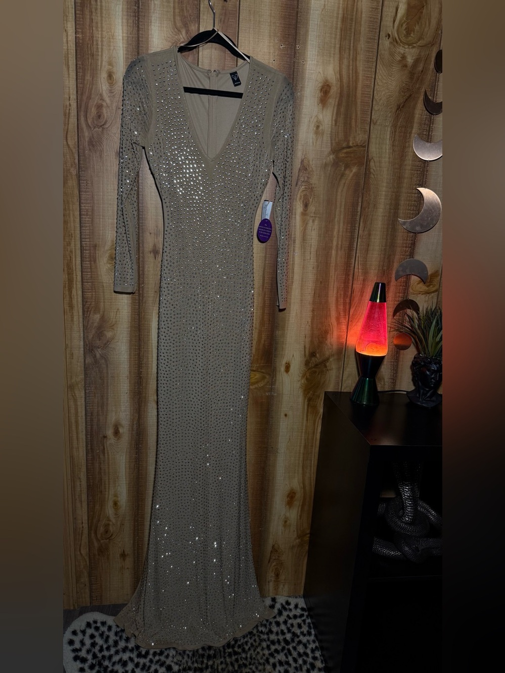 Windsor Taupe Beaded Long-Sleeve V-Neck Gown